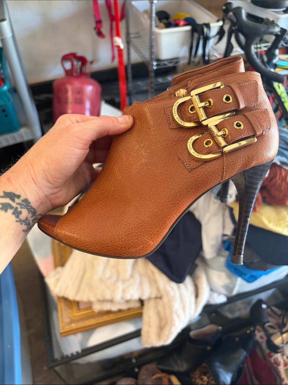 Michael Kors Tan Leather Peep-Toe Ankle Boot with Gold Buckles